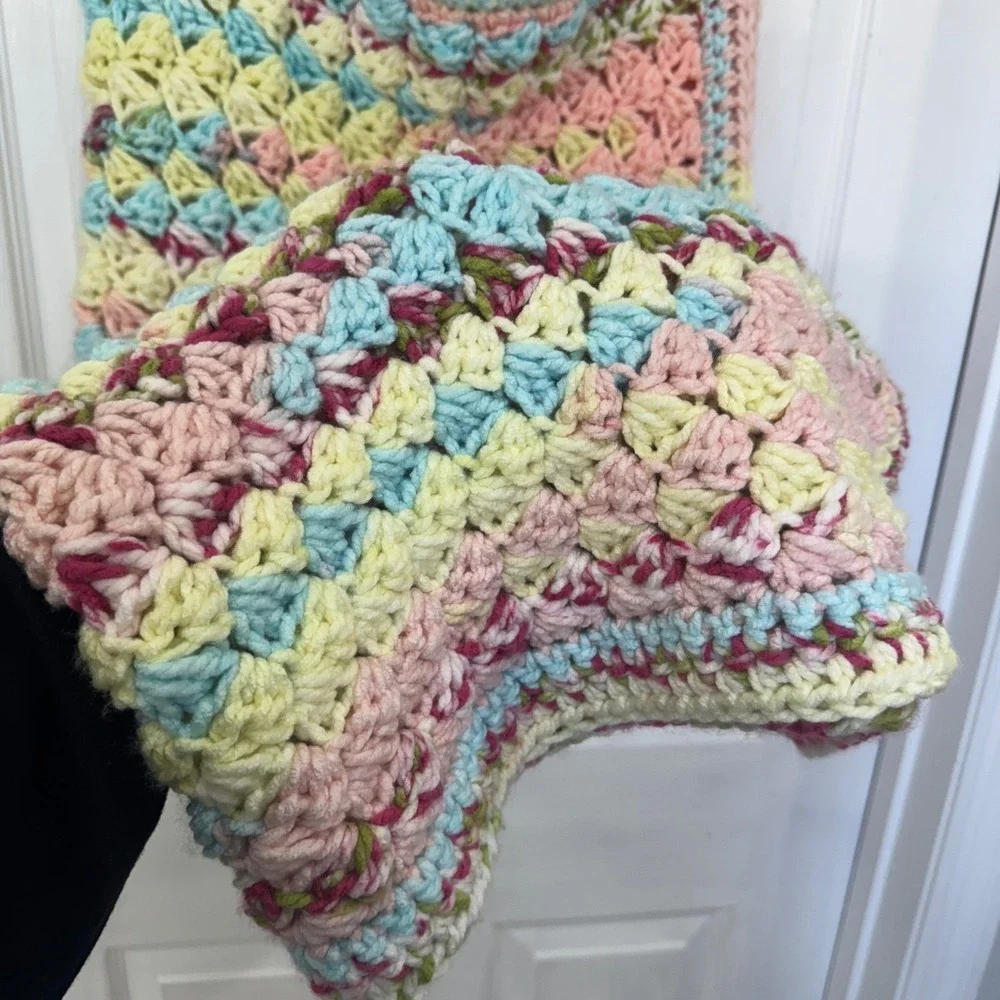 Hand Crochet Square Rainbow Baby‎ Blanket Multicolor Pastel Cottagecore Knit